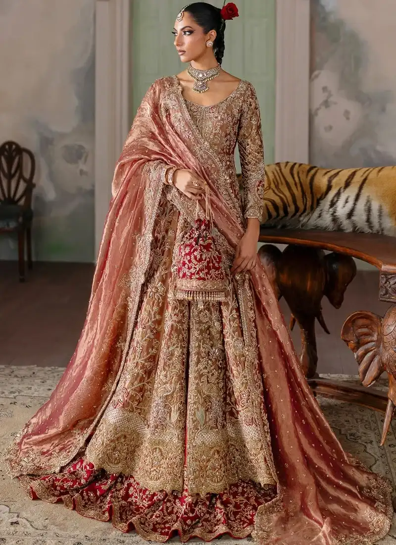 Deep Red Baraat Long Shirt with Lehenga with Scalloped Medallion Hem Deep red bridal lehenga and coral long shirt, full front view with scalloped gold embroidered hem