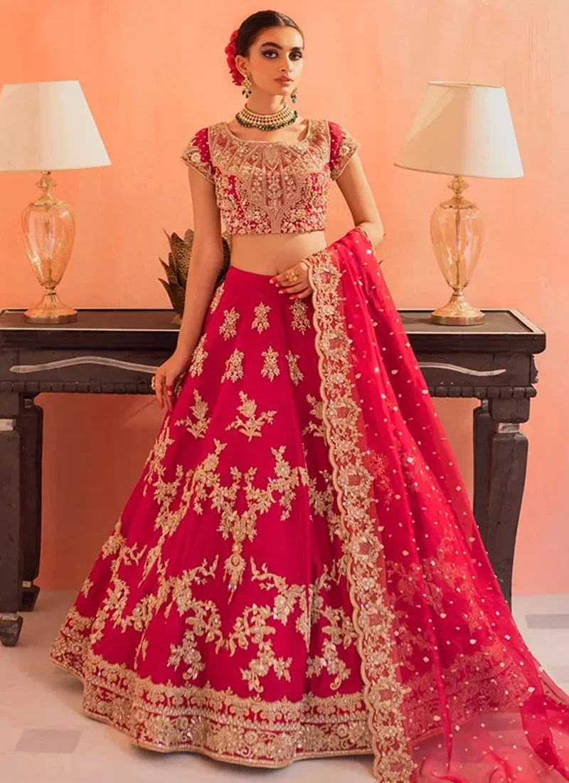 Fuchsia Baraat Lehenga Choli with Gold Floral Arches Video