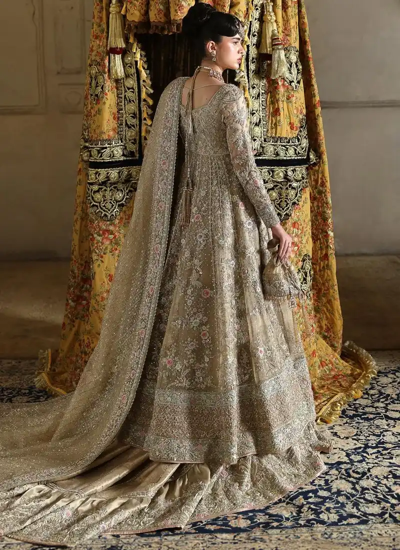 Taupe-gold bridal pishwas and farshi lehenga, back view with floral embroidery and a sweeping dupatta
