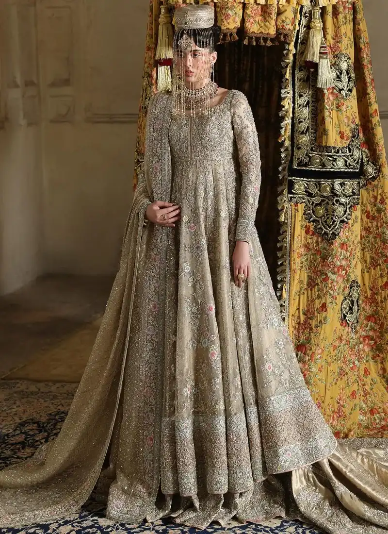 Gold Nikkah Frock with Lehenga with Checkered Mukaish Dupatta Taupe-gold bridal pishwas over farshi lehenga, full front view with long sleeves and ornate embroidered hem