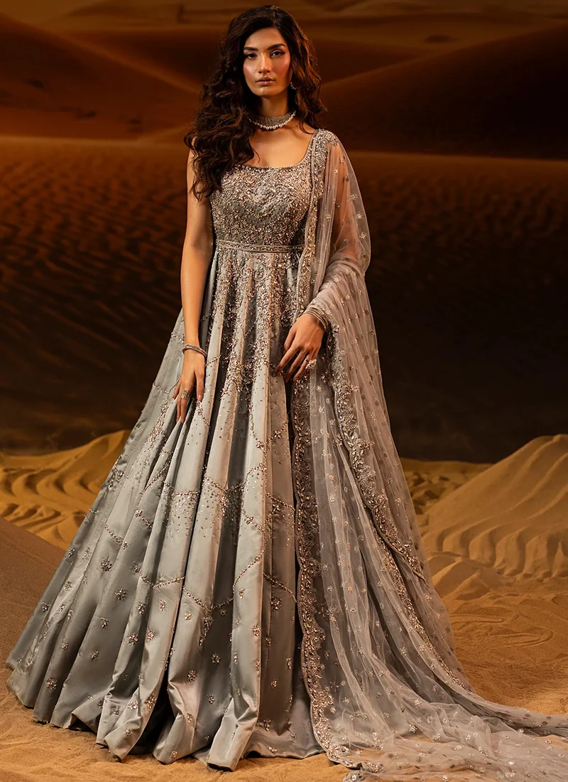 Gray Baraat Gown with Beaded Diamond Lattice Gray bridal gown, full-length front view with silver beaded lattice skirt and embroidered net veil