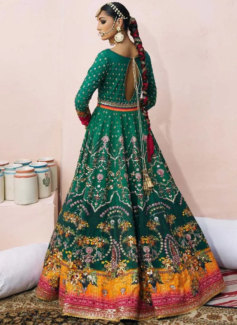 Pine green bridal Pishwas back view with a long keyhole opening and floral skirt border