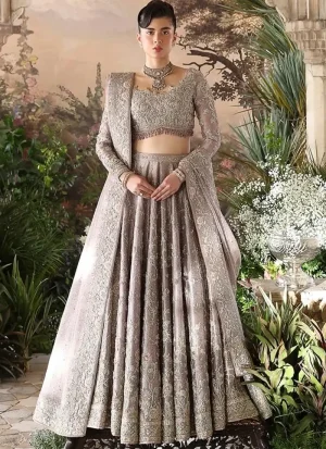 Dusty lilac bridal choli, close-up showing embroidered sheer sleeves, scalloped neckline and floral motifs