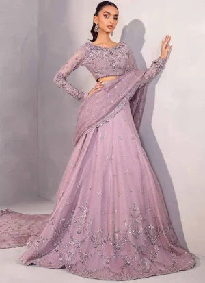 Lilac lehenga saree front detail showing floral blouse embroidery and a scalloped saree drape border