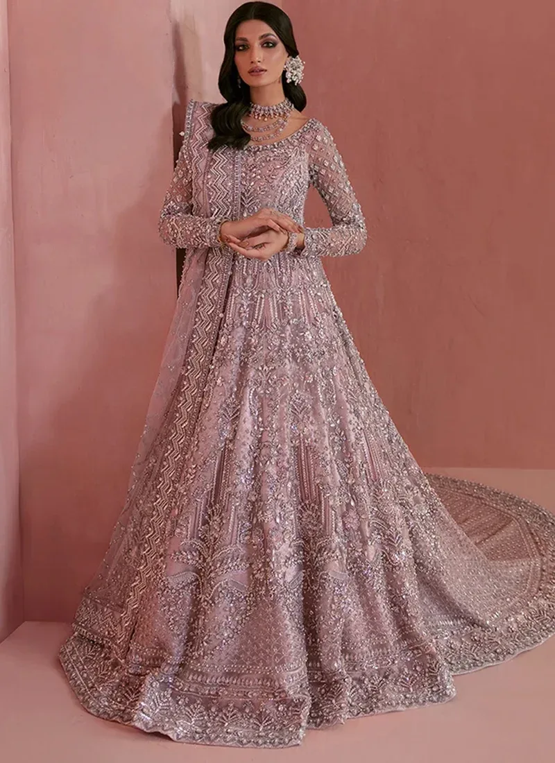 Mauve Nikkah Maxi with Long Trail Mauve Nikkah bridal maxi, full front view with shimmering silver embroidery and a sweeping flared hem