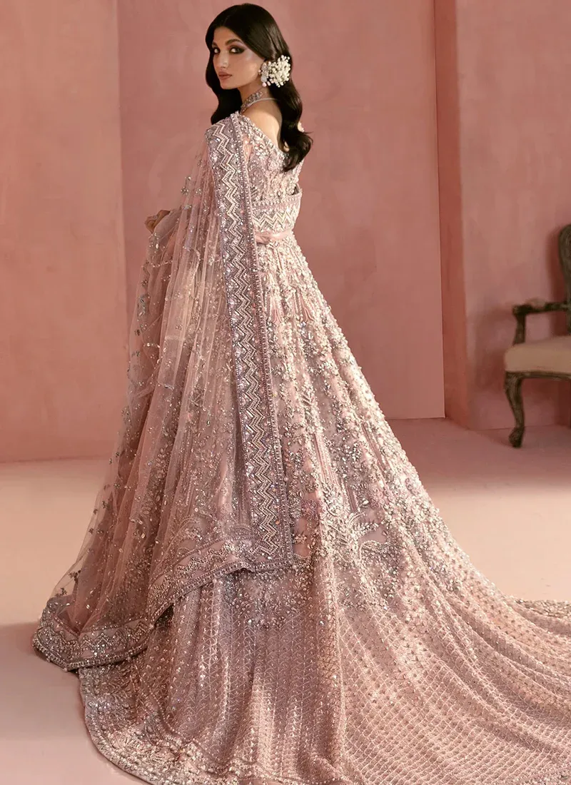 Mauve bridal maxi close-up with round neckline, diamond-lattice sleeves and embroidered dupatta border