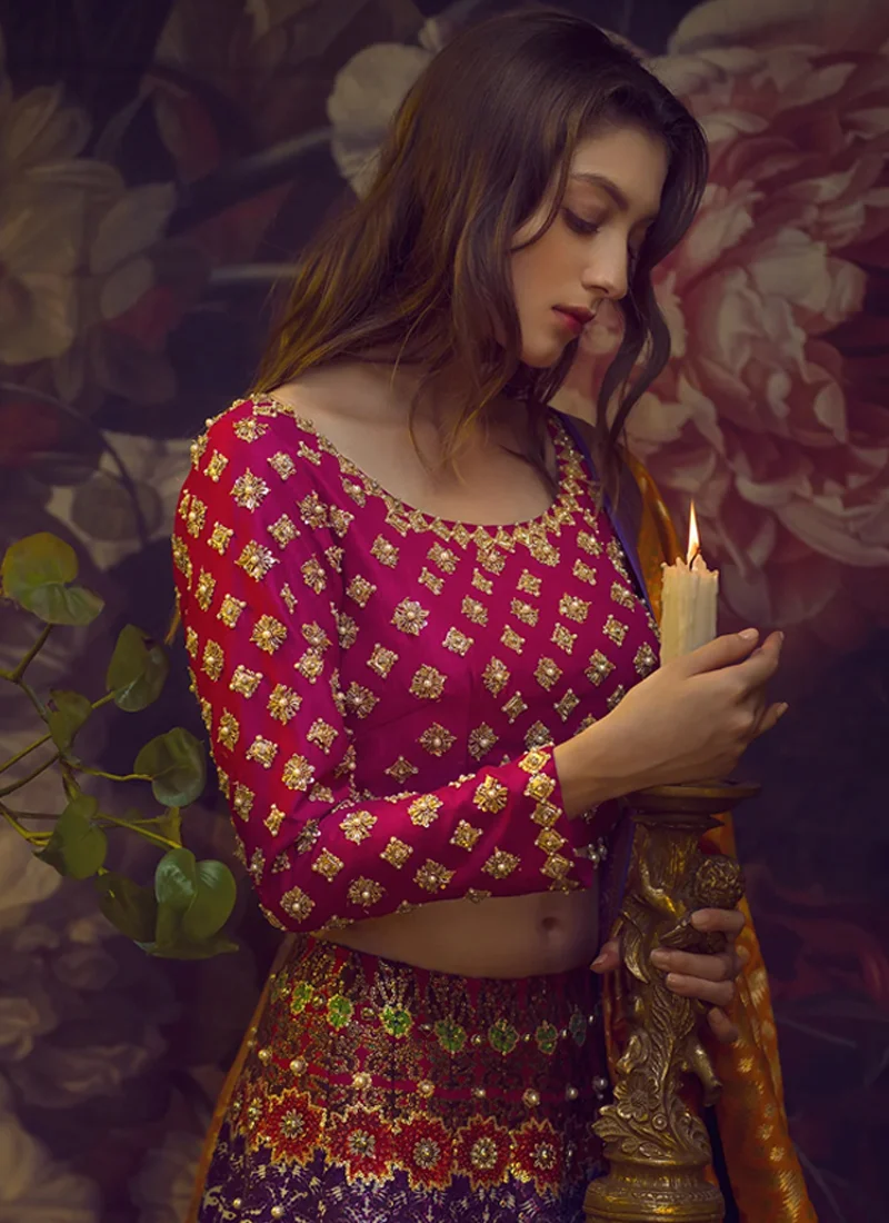 Multicolor mehndi lehenga choli full-length front view with mustard jamawar dupatta and gold arched hem