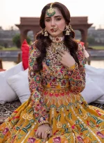 mustard mehndi lehenga choli with multicolour chevron borders 01 Mustard Mehndi Lehenga Choli with Multicolour Chevron Borders Video
