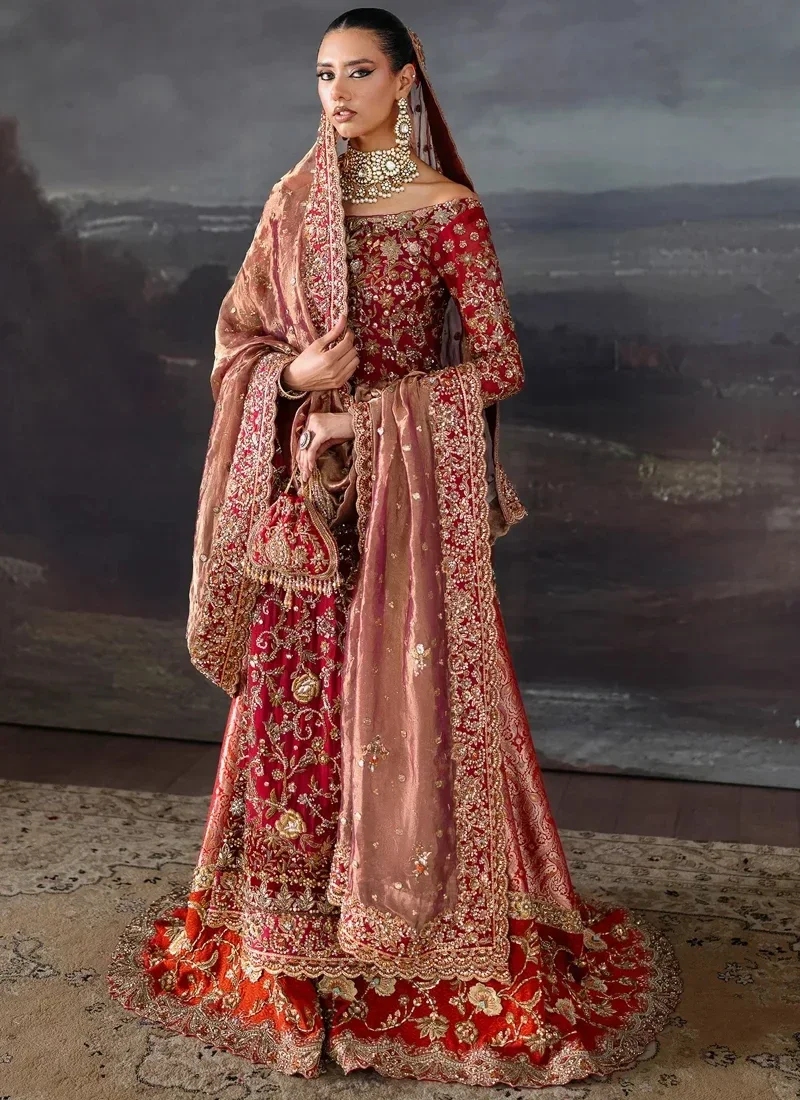 Red Baraat Long Shirt with Lehenga with Scalloped Floral Borders Red bridal long shirt and flared lehenga, full front view with rust-red floral hem and contrast dupatta.