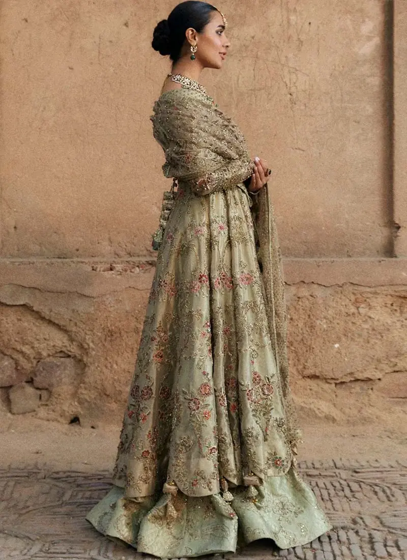 Sage green pishwas back view with square tie-back opening, beaded tassels and sheer embroidered dupatta