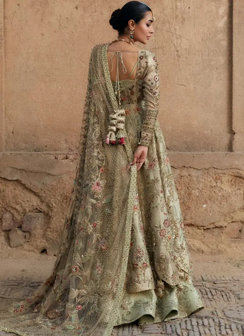 Sage green Mehndi pishwas front view with square neckline, floral embroidery and sheer net dupatta