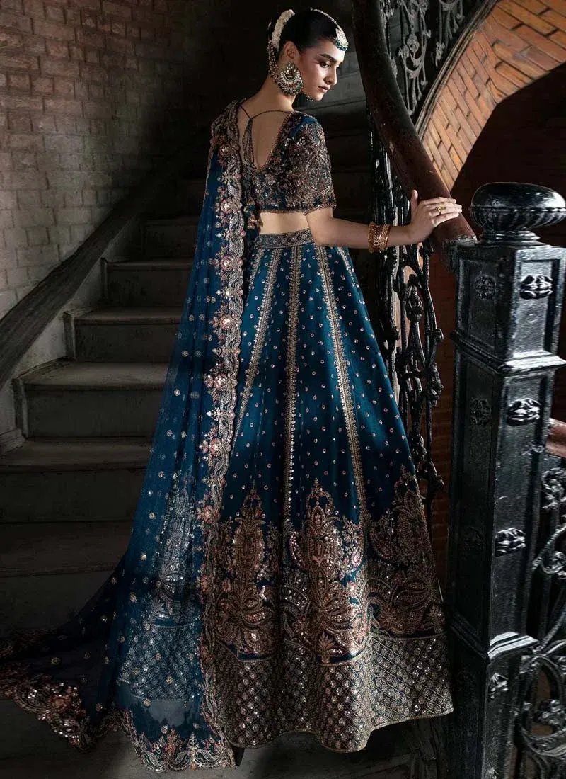 Zinc Blue Walima Lehenga Choli with Paisley Lattice Hem Video